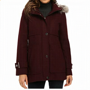 Women's Burgundy Coat with Faux Fur Trim